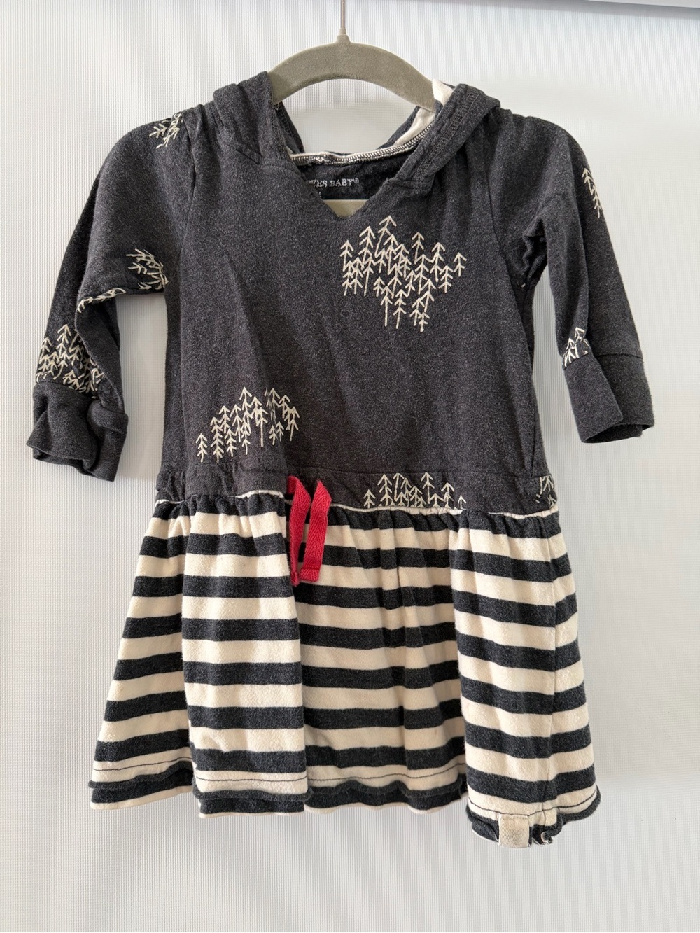 Burt's Bees Baby Navy Hooded Stripe Dress with Ivory Tree Print and Red Tie